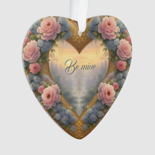 Victoriaans, goudkleurig hart met bloemen en gezeg ornament (voorkant)