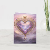 Victoriaans goudkleurig hart met lila bloemetjes, feestdagen kaart (Achterkant)