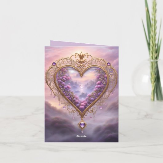 Victoriaans goudkleurig hart met lila bloemetjes,  feestdagen kaart (Achterkant)