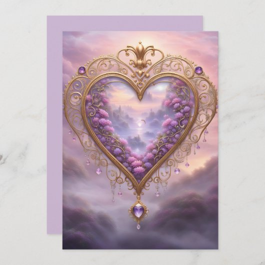 Victoriaans goudkleurig hart met lila bloemetjes,  feestdagenkaart (Voorkant / Achterkant)
