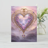 Victoriaans goudkleurig hart met lila bloemetjes,  feestdagenkaart (Staand voorkant)