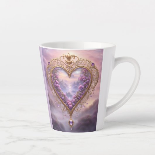 Victoriaans goudkleurig hart met lila bloemetjes,  latte mok (Rechts)