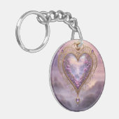 Victoriaans goudkleurig hart met lila bloemetjes, sleutelhanger (Voorkant Links)