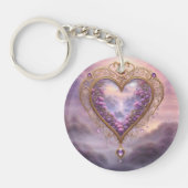 Victoriaans goudkleurig hart met lila bloemetjes, sleutelhanger (Voorkant)