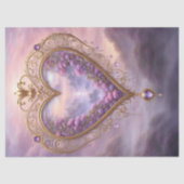 Victoriaans goudkleurig hart met lila bloemetjes,  tissuepapier (Voorkant)