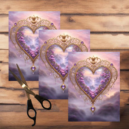 Victoriaans goudkleurig hart met lila bloemetjes,  tissuepapier