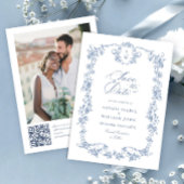 Victoriaans  Grace Blauw Bloemen QR code Trouwen Save The Date