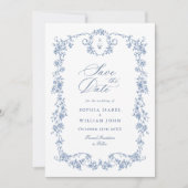 Victoriaans  Grace Blauw Bloemen QR code Trouwen Save The Date (Voorkant)