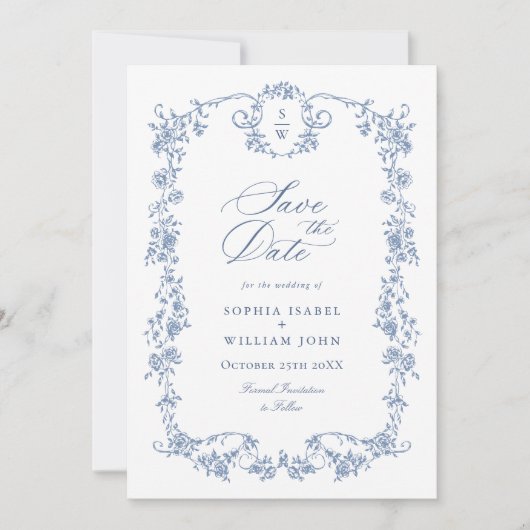 Victoriaans  Grace Blauw Bloemen QR code Trouwen Save The Date (Voorkant)