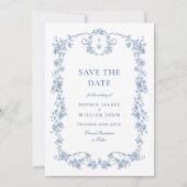Victoriaans  Grace Blauw Bloemen QR code Trouwen Save The Date (Voorkant)