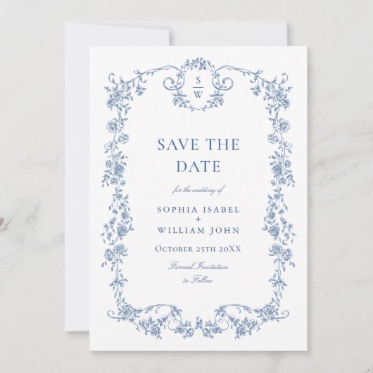 Victoriaans  Grace Blauw Bloemen QR code Trouwen Save The Date (Voorkant)
