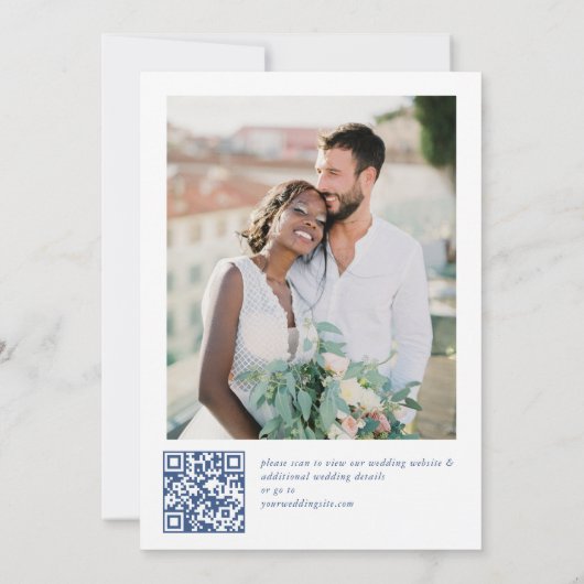 Victoriaans  Grace Blauw Bloemen QR code Trouwen Save The Date (Achterkant)