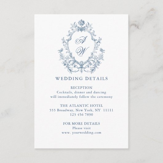 Victoriaans  Grace Bloemen Blauw Huwelijk Details Informatiekaartje (Voorkant)
