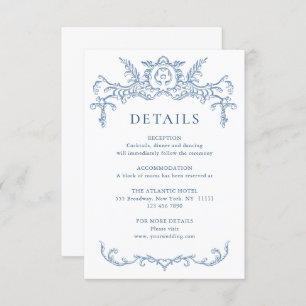 Victoriaans  Grace Bloemen Blauw Huwelijk Details Informatiekaartje