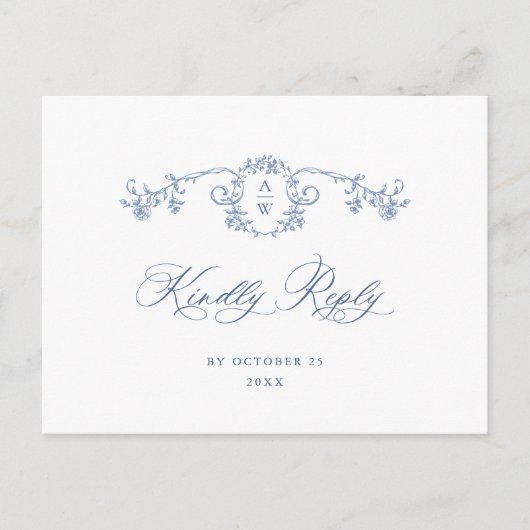 Victoriaans  Grace Bloemen Blauw Huwelijk RSVP Briefkaart (Voorkant)