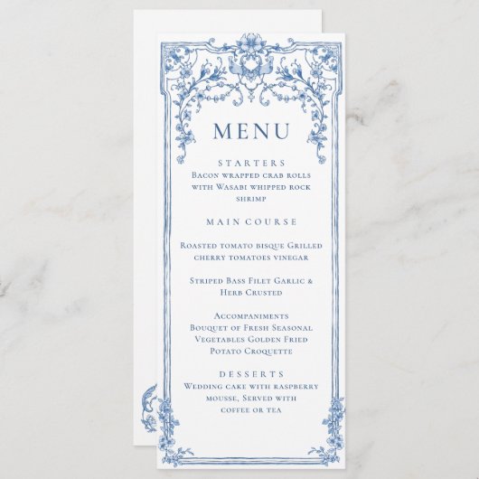 Victoriaans  Grace Bloemen Blauw Trouwmenu Kaart (Voorkant / Achterkant)