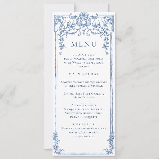 Victoriaans  Grace Bloemen Blauw Trouwmenu Kaart (Voorkant)