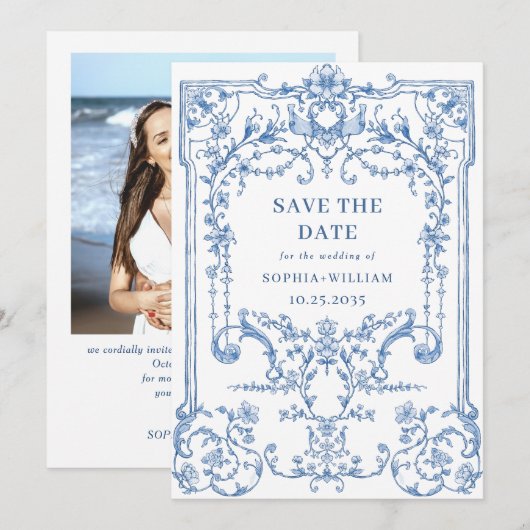 Victoriaans  Grace Bloemen Blauwe bruiloft Foto Save The Date (Voorkant / Achterkant)