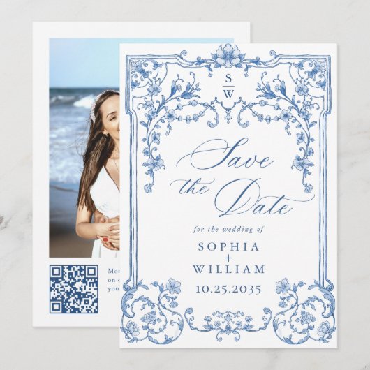 Victoriaans Grace Bloemen Blauwe bruiloft Foto Save The Date (Voorkant / Achterkant)
