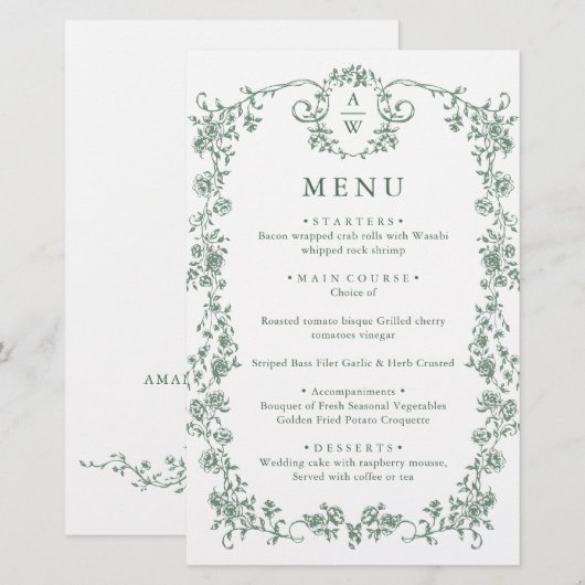 Victoriaans Grace Bloemen Groene bruiloft Menu (Voorkant / Achterkant)