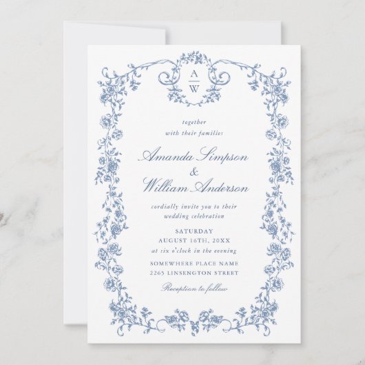 Victoriaans  Grace Blue Floral Wedding QR-code Kaart (Voorkant)