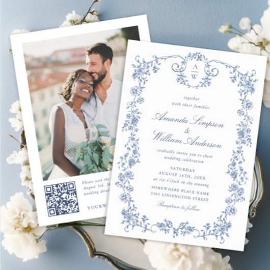 Victoriaans  Grace Blue Floral Wedding QR-code Kaart