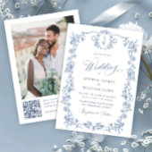 Victoriaans  Grace Blue Floral Wedding QR-code Kaart