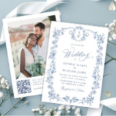 Victoriaans  Grace Blue Floral Wedding QR-code Kaart