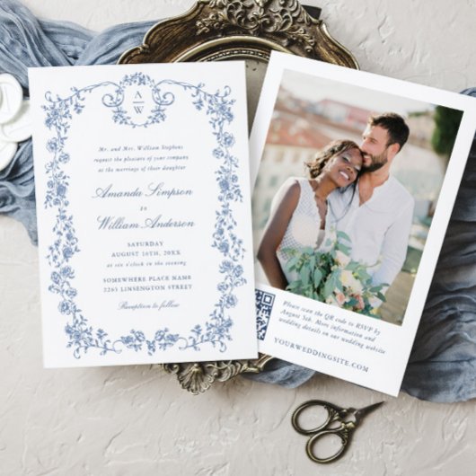 Victoriaans  Grace Blue Floral Wedding QR-code Kaart