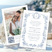 Victoriaans Grace Blue Floral Wedding QR-code Kaart