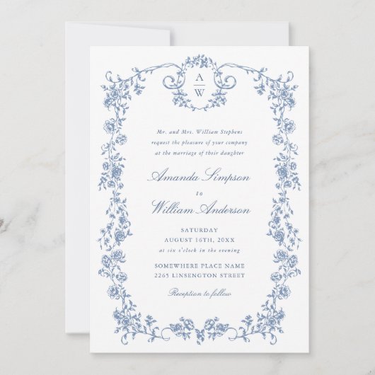 Victoriaans  Grace Blue Floral Wedding QR-code Kaart (Voorkant)