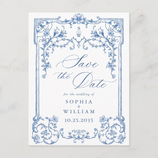 Victoriaans  Grace Blue Wedding Save the Date Briefkaart (Voorkant)