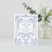 Victoriaans Grace Blue Wedding Save the Date Briefkaart (Staand voorkant)