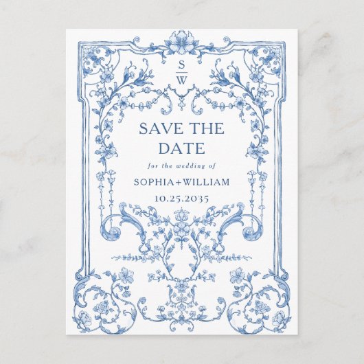 Victoriaans Grace Blue Wedding Save the Date Briefkaart (Voorkant)