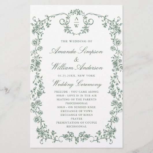 Victoriaans  Grace bruiloft ceremonie programma (Voorkant)