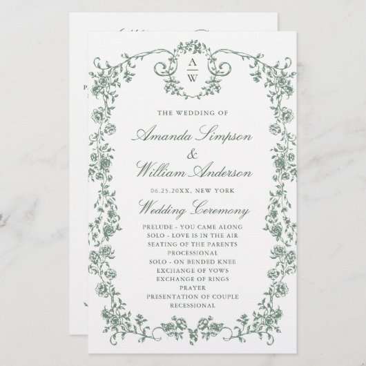 Victoriaans  Grace bruiloft ceremonie programma (Voorkant / Achterkant)