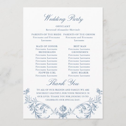 Victoriaans Grace Dusty Blue huwelijksceremonie Programmakaart (Achterkant)