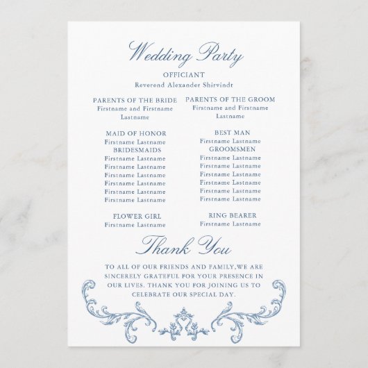 Victoriaans  Grace Dusty Blue huwelijksceremonie Programmakaart (Achterkant)