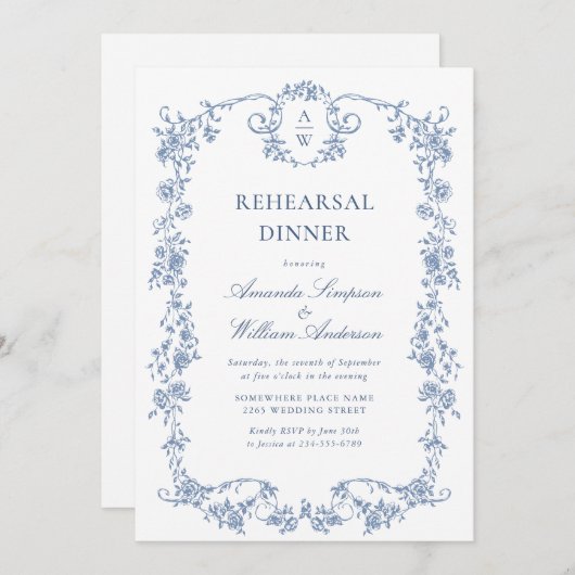 Victoriaans  Grace Dusty Blue Repetitie Diner Kaart (Voorkant / Achterkant)