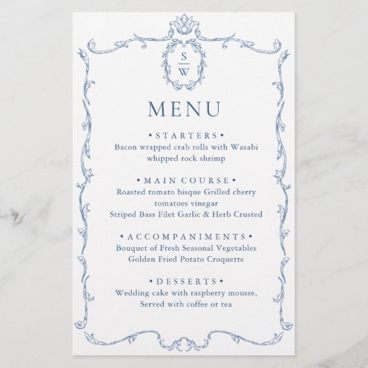 Victoriaans Grace Dusty Blue Wedding Menu (Voorkant)