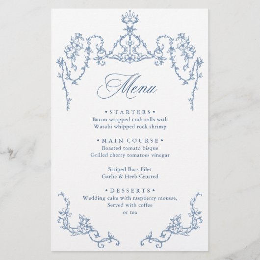Victoriaans  Grace Dusty Blue Wedding Menu (Voorkant)