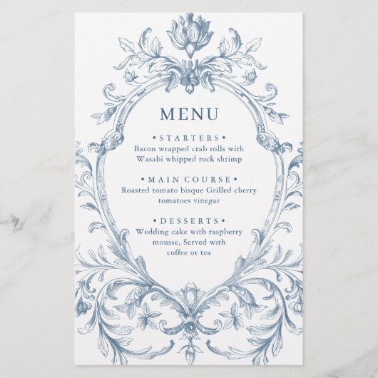 Victoriaans  Grace Dusty Blue Wedding Menu (Voorkant)