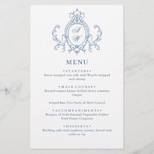 Victoriaans Grace Dusty Blue Wedding Menu (Voorkant)