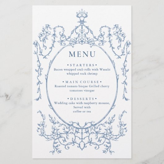 Victoriaans  Grace Dusty Blue Wedding Menu (Voorkant)