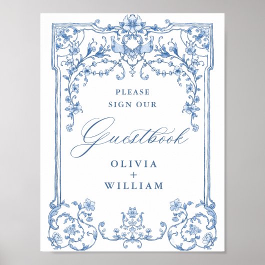 Victoriaans  Grace Floral Blue Guestbook Poster (Voorkant)