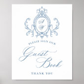 Victoriaans  Grace Floral Blue Guestbook Sign Poster (Voorkant)
