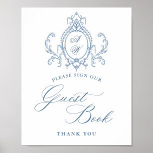 Victoriaans  Grace Floral Blue Guestbook Sign Poster