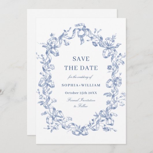 Victoriaans  Grace Floral Blue Save the Date (Voorkant / Achterkant)