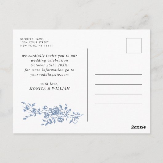 Victoriaans  Grace Floral Blue Save the Date Briefkaart (Achterkant)