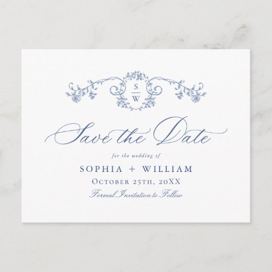 Victoriaans  Grace Floral Blue Save the Date Briefkaart (Voorkant)